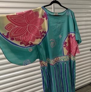Vintage Teal Maxi Dress with Pink & Yellow Floral Motif